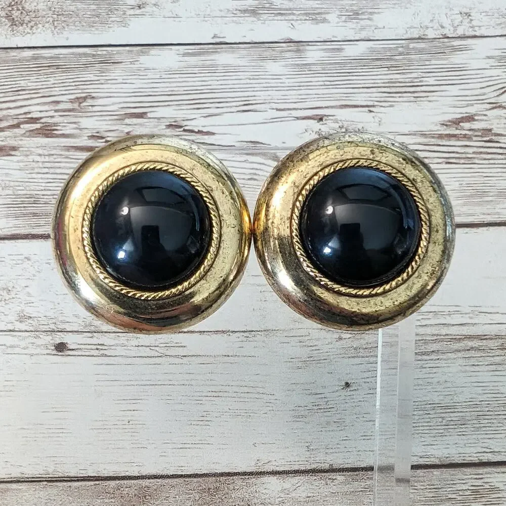 Vintage Clip On Earrings Large Chunky Black with Gold Tone Halo 1.25